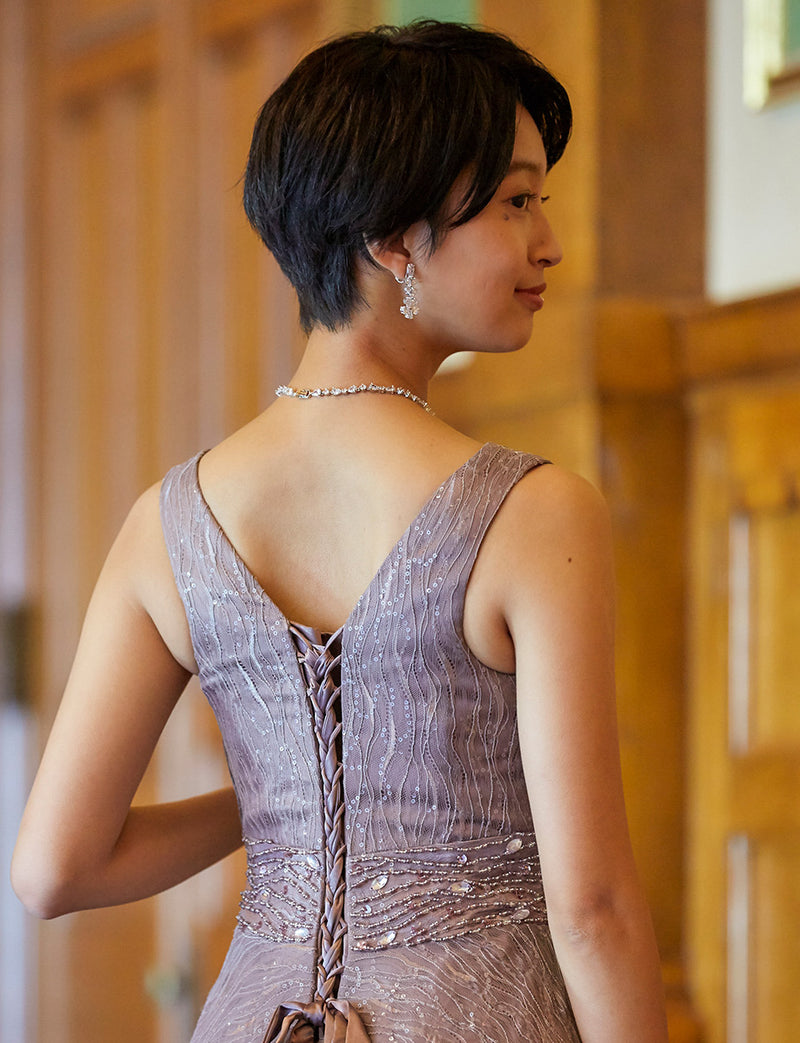 TWEED DRESS(ツイードドレス)のグレーベージュロングドレス・チュール｜TB1764-1-GBEの上半身背面画像です。