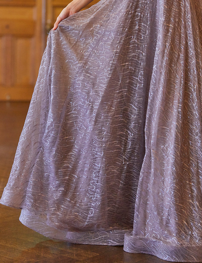 TWEED DRESS(ツイードドレス)のグレーベージュロングドレス・チュール｜TB1764-1-GBEのスカート拡大画像です。