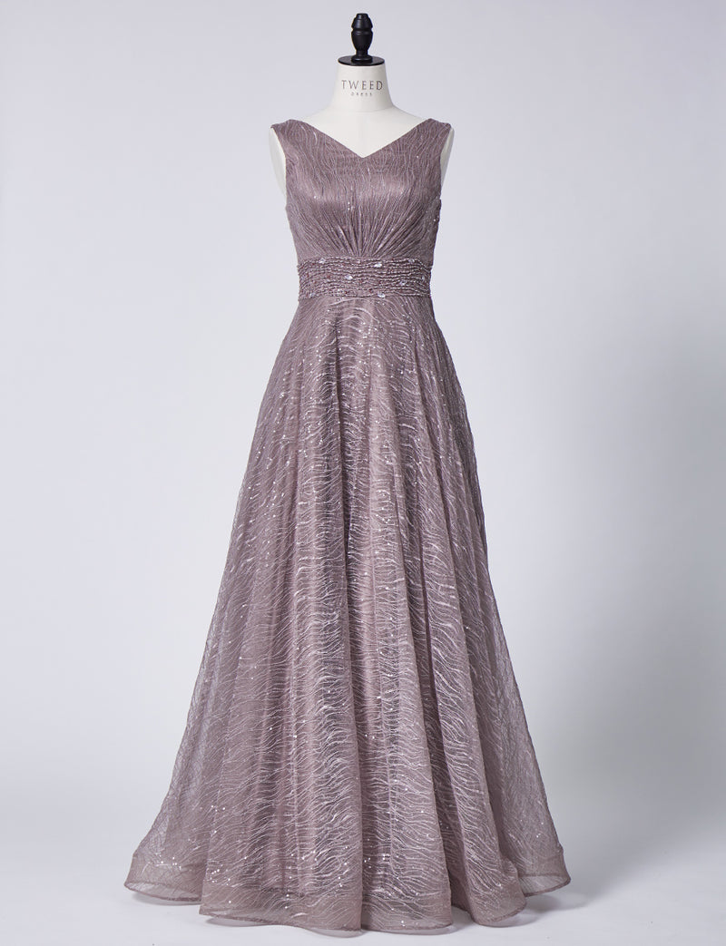 TWEED DRESS(ツイードドレス)のグレーベージュロングドレス・チュール｜TB1764-1-GBEのトルソー全身正面画像です。