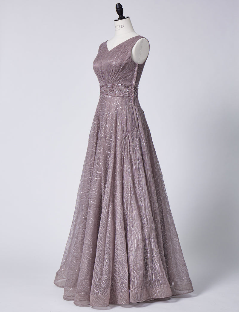 TWEED DRESS(ツイードドレス)のグレーベージュロングドレス・チュール｜TB1764-1-GBEのトルソー全身斜め画像です。