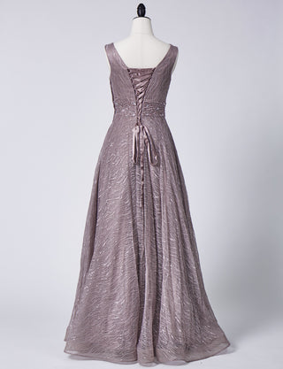 TWEED DRESS(ツイードドレス)のグレーベージュロングドレス・チュール｜TB1764-1-GBEのトルソー全身背面画像です。
