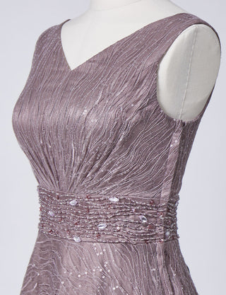 TWEED DRESS(ツイードドレス)のグレーベージュロングドレス・チュール｜TB1764-1-GBEのトルソー上半身斜め画像です。