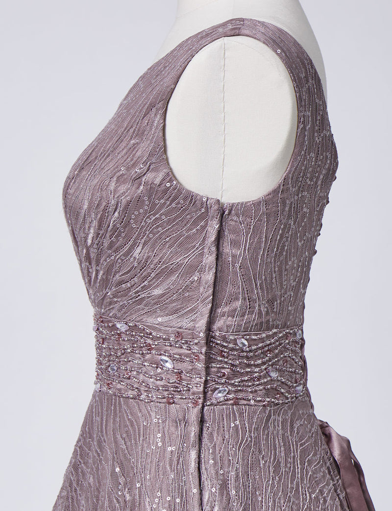 TWEED DRESS(ツイードドレス)のグレーベージュロングドレス・チュール｜TB1764-1-GBEのトルソー上半身側面画像です。