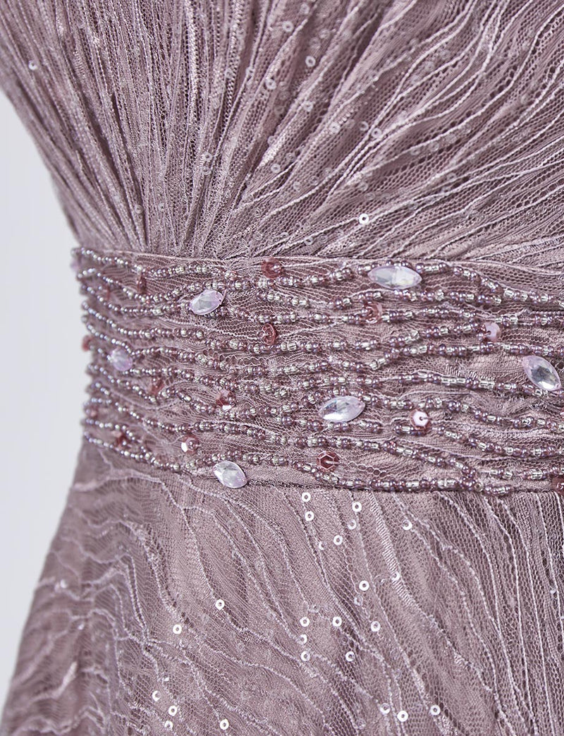 TWEED DRESS(ツイードドレス)のグレーベージュロングドレス・チュール｜TB1764-1-GBEのウエストビジュ装飾拡大画像です。