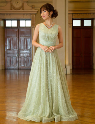 TWEED DRESS(ツイードドレス)のライトカーキロングドレス・チュール｜TB1764-1-LKIの全身正面画像です。