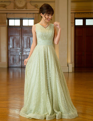 TWEED DRESS(ツイードドレス)のライトカーキロングドレス・チュール｜TB1764-1-LKIの全身正面画像です。