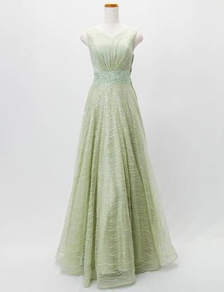 TWEED DRESS(ツイードドレス)のライトカーキロングドレス・チュール｜TB1764-1-LKIのトルソー全身正面画像です。