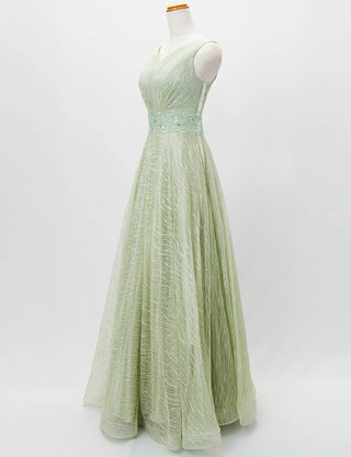 TWEED DRESS(ツイードドレス)のライトカーキロングドレス・チュール｜TB1764-1-LKIのトルソー全身斜め画像です。