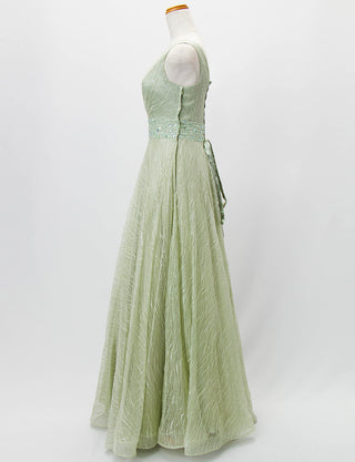 TWEED DRESS(ツイードドレス)のライトカーキロングドレス・チュール｜TB1764-1-LKIのトルソー全身側面画像です。
