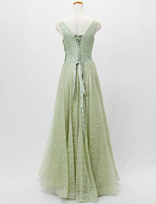 TWEED DRESS(ツイードドレス)のライトカーキロングドレス・チュール｜TB1764-1-LKIのトルソー全身背面画像です。