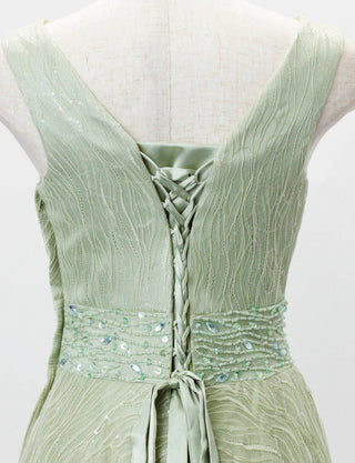 TWEED DRESS(ツイードドレス)のライトカーキロングドレス・チュール｜TB1764-1-LKIのトルソー上半身背面画像です。