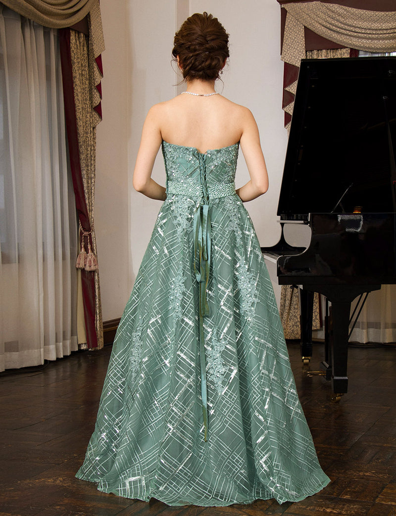 TWEED DRESS(ツイードドレス)のダークオリーブロングドレス・チュール｜TB1779-1-DOVの全身背面画像です。