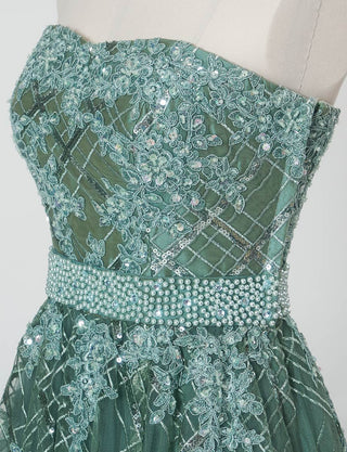TWEED DRESS(ツイードドレス)のダークオリーブロングドレス・チュール｜TB1779-1-DOVのトルソー上半身斜め画像です。