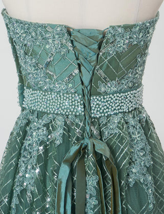 TWEED DRESS(ツイードドレス)のダークオリーブロングドレス・チュール｜TB1779-1-DOVのトルソー上半身背面画像です。