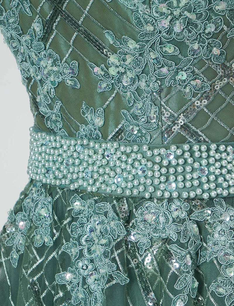 TWEED DRESS(ツイードドレス)のダークオリーブロングドレス・チュール｜TB1779-1-DOVのウエストビジュ装飾拡大画像です。