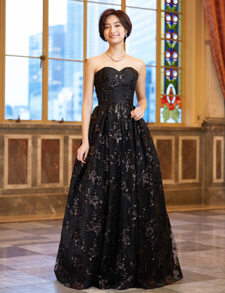 TWEED DRESS(ツイードドレス)のブラックロングドレス・チュール｜TB1784-1-BKの全身正面画像です。