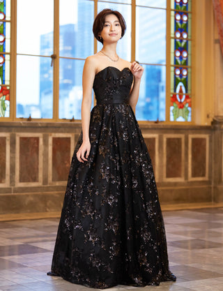 TWEED DRESS(ツイードドレス)のブラックロングドレス・チュール｜TB1784-1-BKの全身斜め画像です。