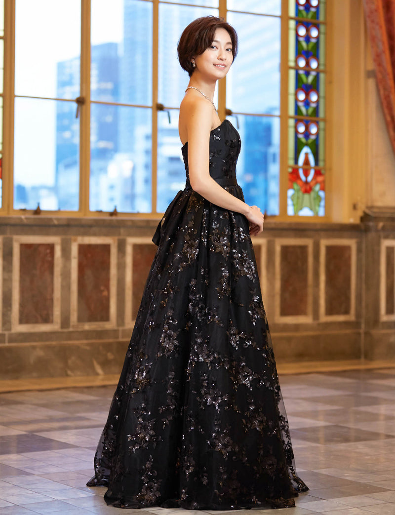 TWEED DRESS(ツイードドレス)のブラックロングドレス・チュール｜TB1784-1-BKの全身側面画像です。