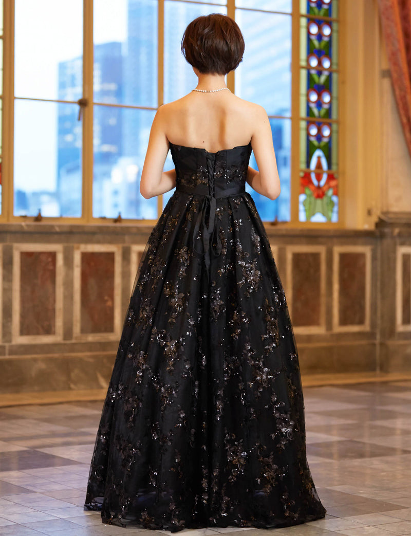 TWEED DRESS(ツイードドレス)のブラックロングドレス・チュール｜TB1784-1-BKの全身背面画像です。