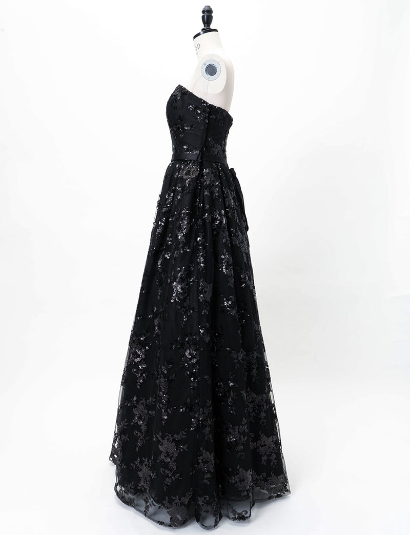 TWEED DRESS(ツイードドレス)のブラックロングドレス・チュール｜TB1784-1-BKのトルソー全身側面画像です。