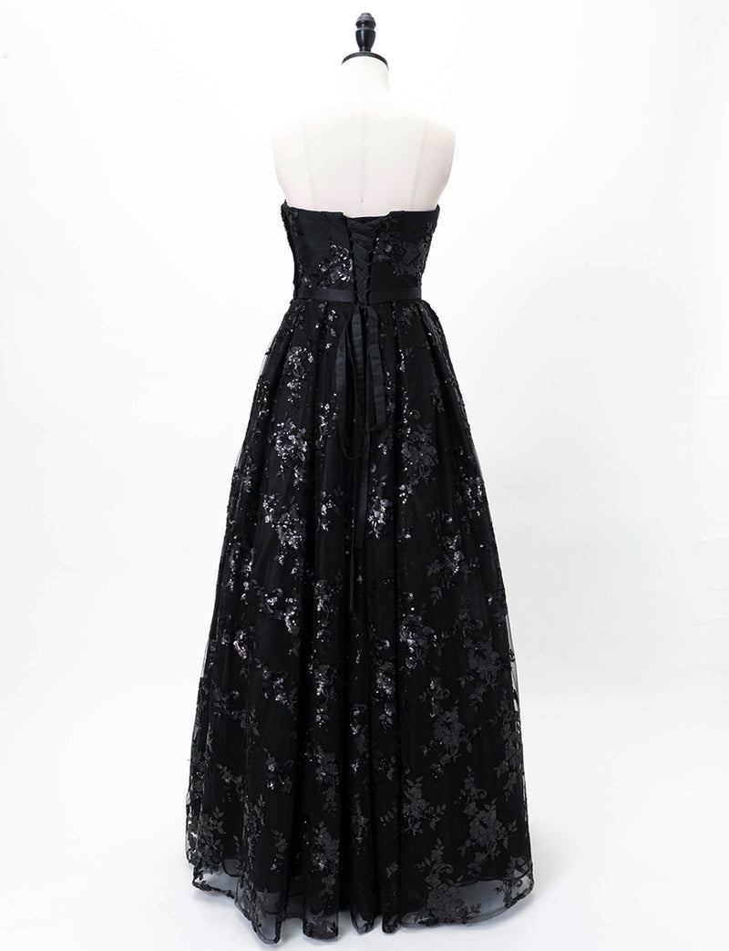 TWEED DRESS(ツイードドレス)のブラックロングドレス・チュール｜TB1784-1-BKのトルソー全身背面画像です。