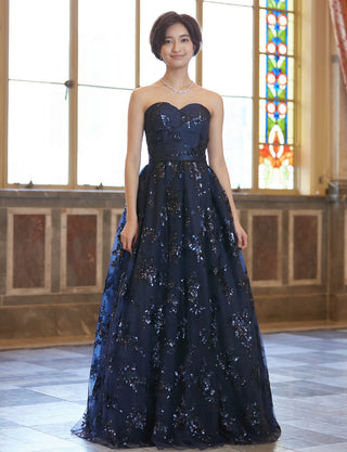 TWEED DRESS(ツイードドレス)のダークネイビーロングドレス・チュール｜TB1784-1-DNYの全身正面画像です。