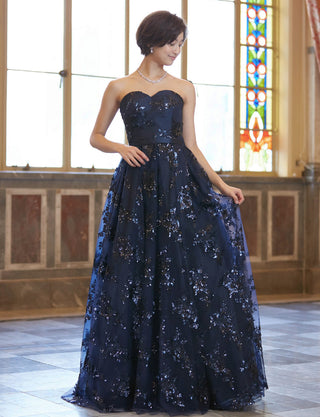 TWEED DRESS(ツイードドレス)のダークネイビーロングドレス・チュール｜TB1784-1-DNYの全身正面画像です。