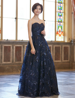 TWEED DRESS(ツイードドレス)のダークネイビーロングドレス・チュール｜TB1784-1-DNYの全身斜め画像です。