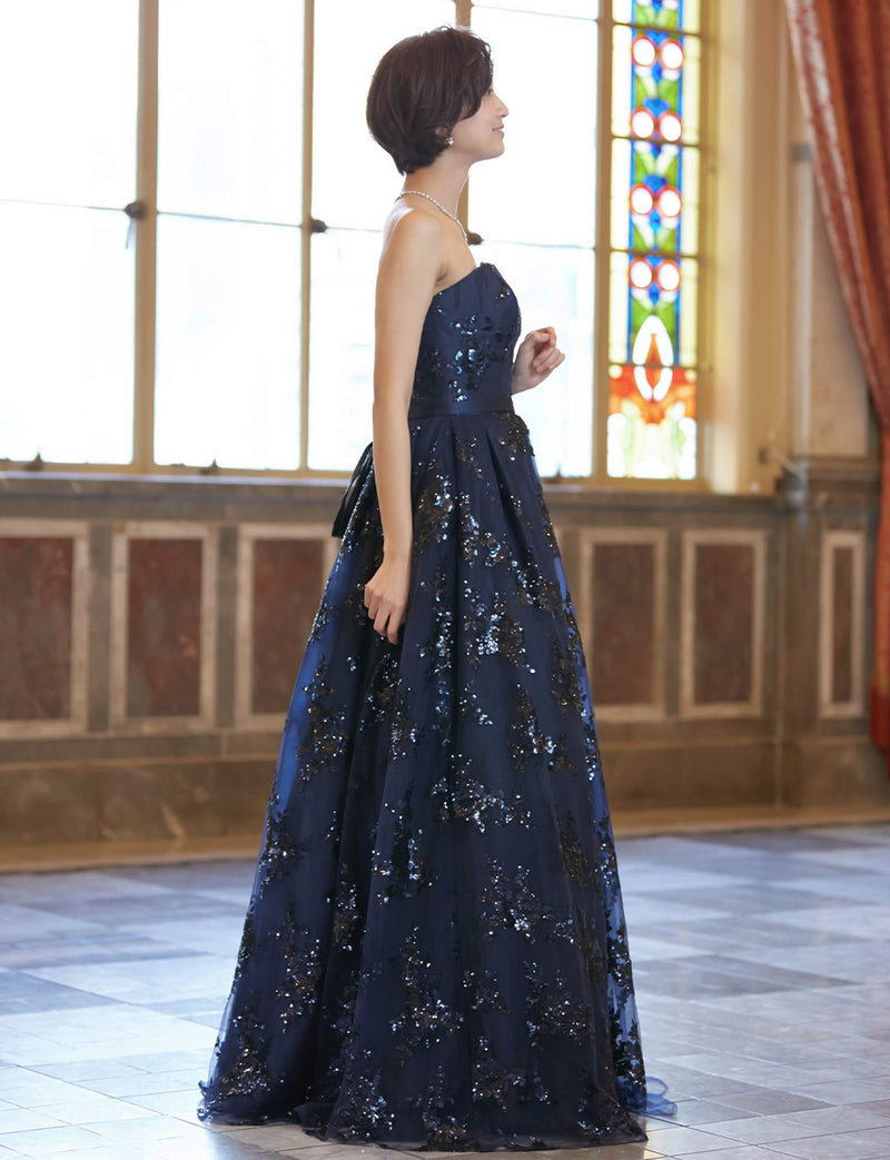 TWEED DRESS(ツイードドレス)のダークネイビーロングドレス・チュール｜TB1784-1-DNYの全身側面画像です。