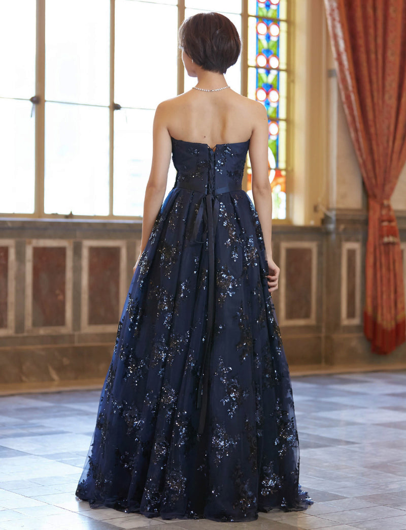 TWEED DRESS(ツイードドレス)のダークネイビーロングドレス・チュール｜TB1784-1-DNYの全身背面画像です。