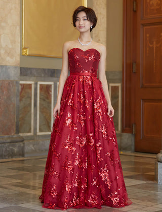 TWEED DRESS(ツイードドレス)のダークレッドロングドレス・チュール｜TB1784-1-DRDの全身正面画像です。