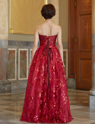 TWEED DRESS(ツイードドレス)のダークレッドロングドレス・チュール｜TB1784-1-DRDの全身背面画像です。