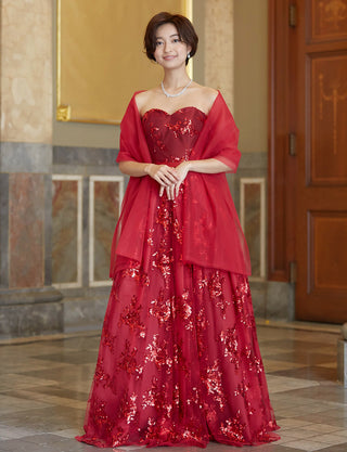TWEED DRESS(ツイードドレス)のダークレッドロングドレス・チュール｜TB1784-1-DRDの全身正面ストール着用画像です。