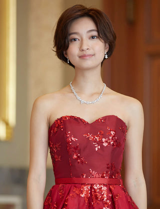 TWEED DRESS(ツイードドレス)のダークレッドロングドレス・チュール｜TB1784-1-DRDの上半身正面画像です。