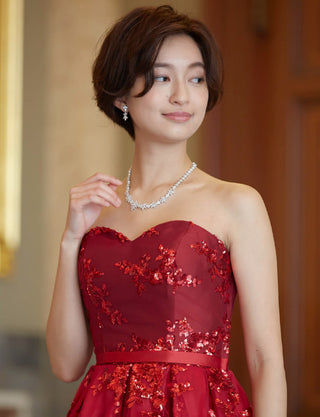 TWEED DRESS(ツイードドレス)のダークレッドロングドレス・チュール｜TB1784-1-DRDの上半身斜め画像です。