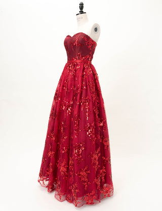 TWEED DRESS(ツイードドレス)のダークレッドロングドレス・チュール｜TB1784-1-DRDのトルソー全身斜め画像です。