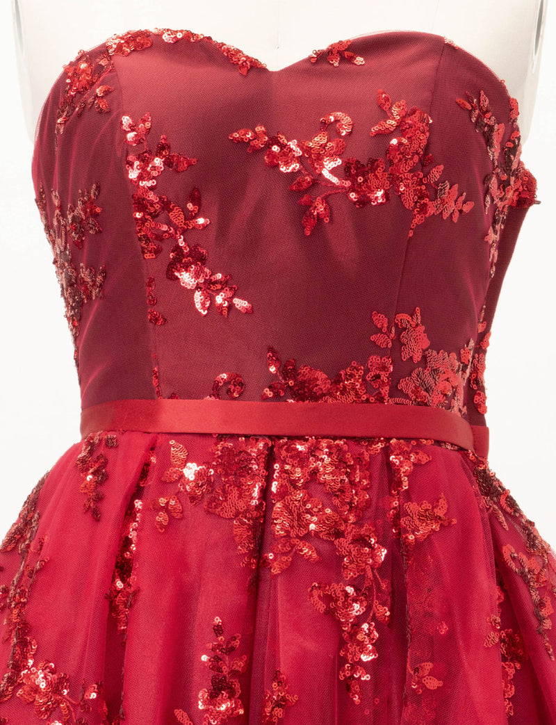 TWEED DRESS(ツイードドレス)のダークレッドロングドレス・チュール｜TB1784-1-DRDのトルソー上半身正面画像です。