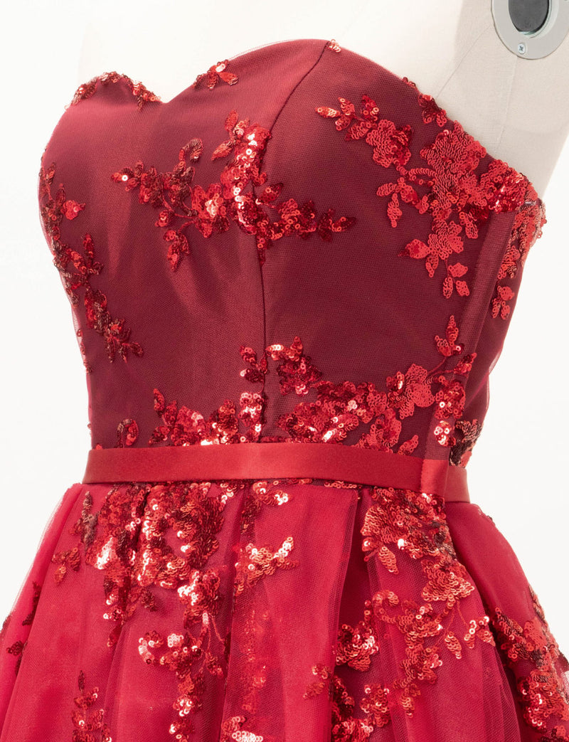TWEED DRESS(ツイードドレス)のダークレッドロングドレス・チュール｜TB1784-1-DRDのトルソー上半身斜め画像です。