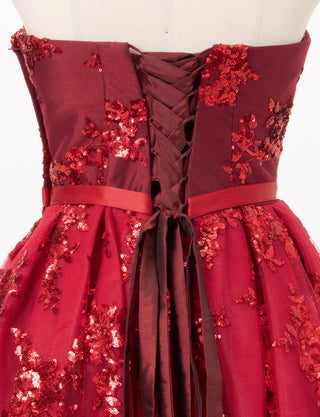TWEED DRESS(ツイードドレス)のダークレッドロングドレス・チュール｜TB1784-1-DRDのトルソー上半身背面画像です。