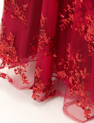 TWEED DRESS(ツイードドレス)のダークレッドロングドレス・チュール｜TB1784-1-DRDのスカート裾拡大画像です。