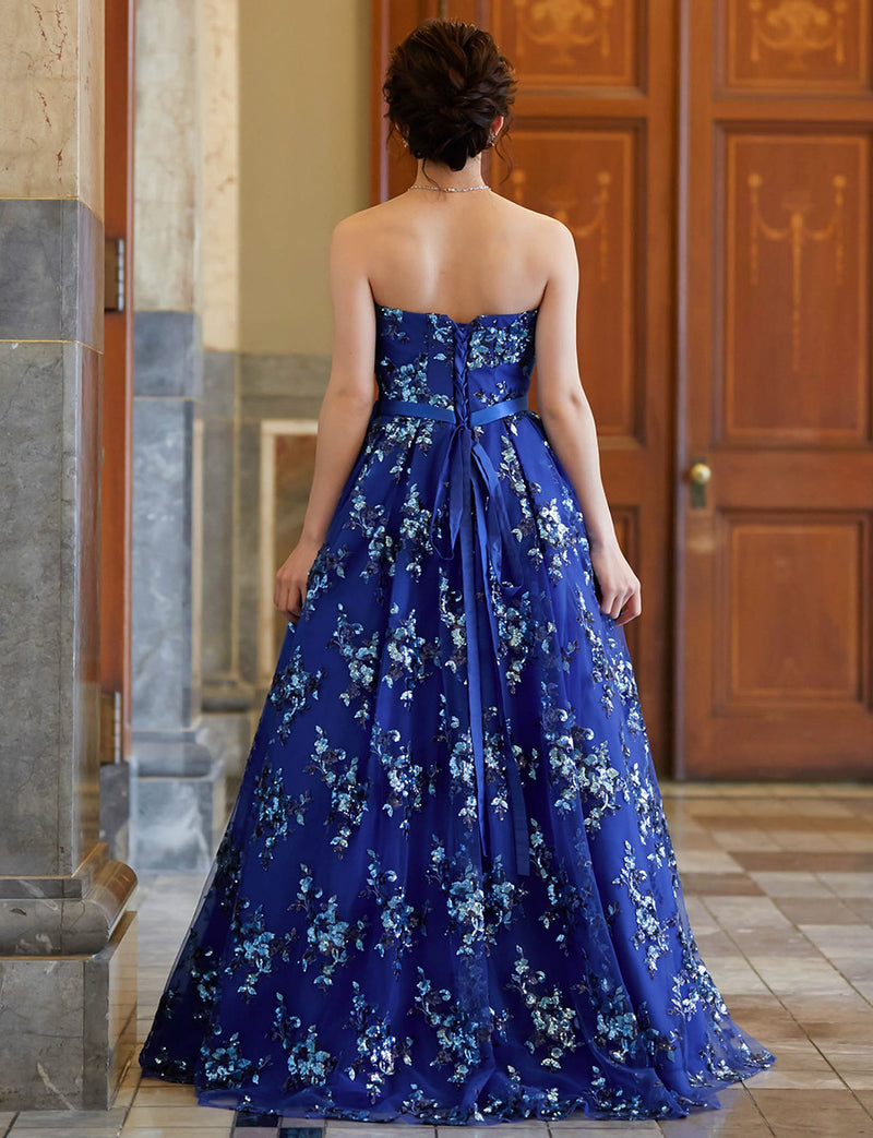 TWEED DRESS(ツイードドレス)のロイヤルブルーロングドレス・チュール｜TB1784-1-RBLの全身背面画像です。