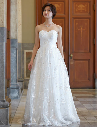 TWEED DRESS(ツイードドレス)のホワイトロングドレス・チュール｜TB1784-1-WTの全身正面画像です。