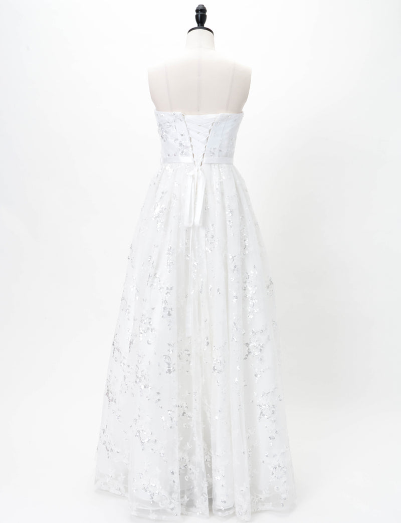 TWEED DRESS(ツイードドレス)のホワイトロングドレス・チュール｜TB1784-1-WTのトルソー全身背面画像です。