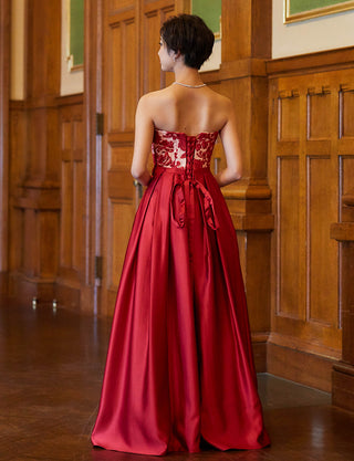 TWEED DRESS(ツイードドレス)のダークレッドロングドレス・サテン｜TB1786-1-DRDの全身背面画像です。
