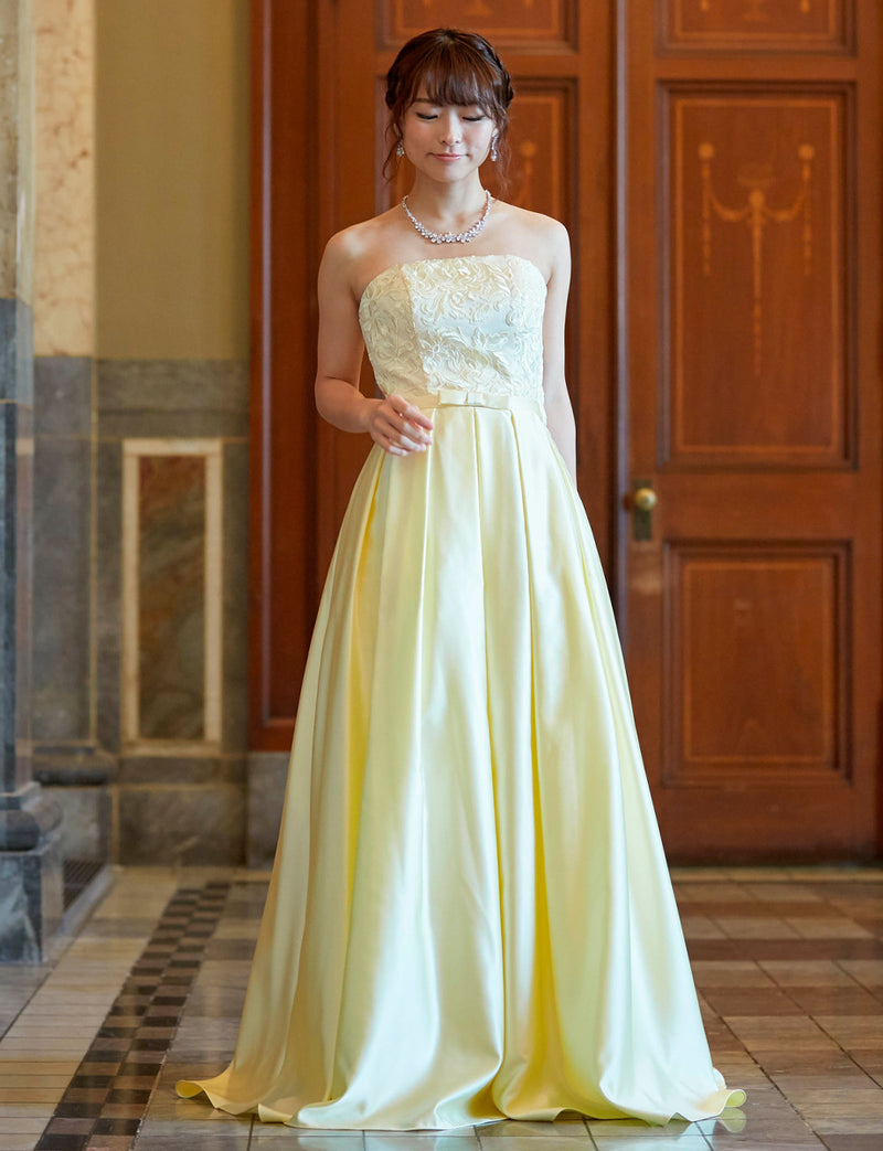 TWEED DRESS(ツイードドレス)のレモンイエローロングドレス・サテン｜TB1786-LYWの全身正面画像です。