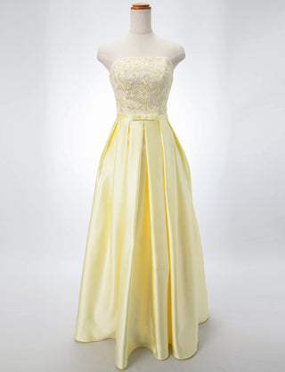 TWEED DRESS(ツイードドレス)のレモンイエローロングドレス・サテン｜TB1786-LYWのトルソー全身正面画像です。