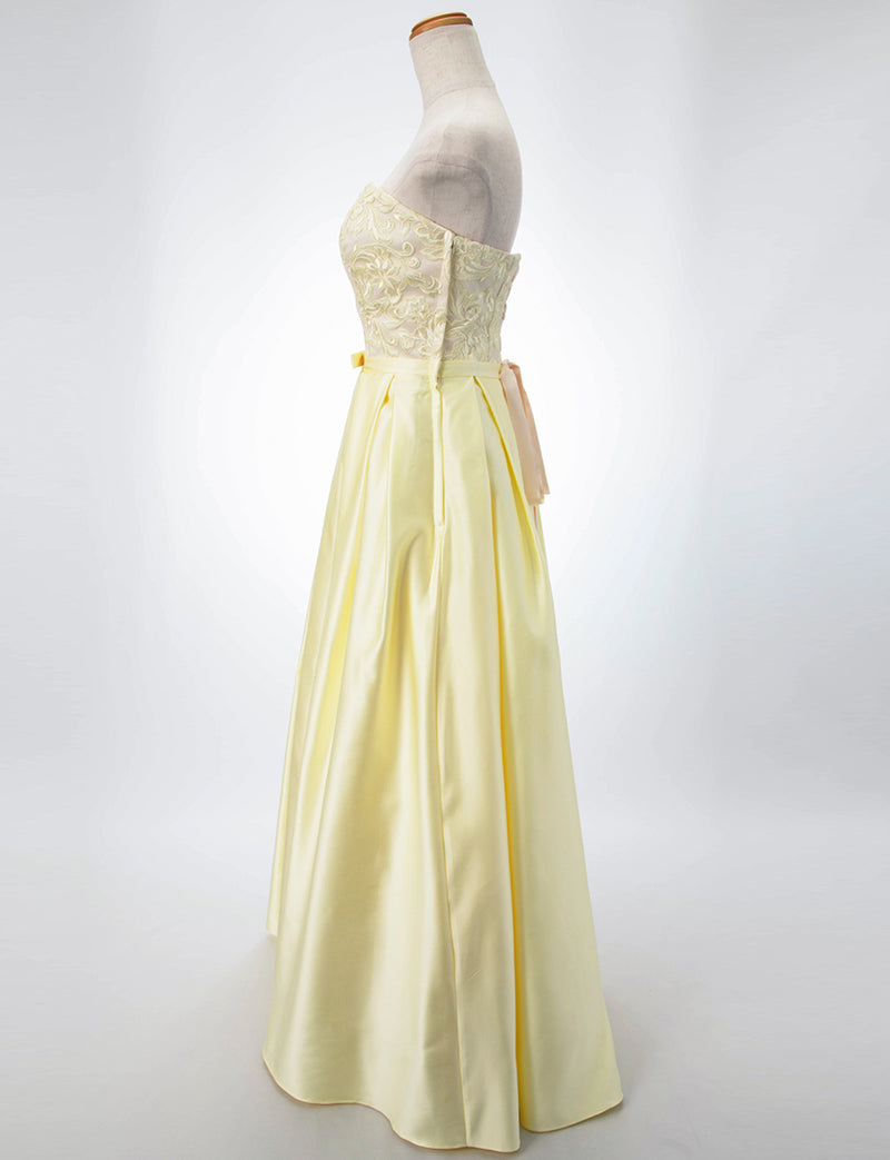 TWEED DRESS(ツイードドレス)のレモンイエローロングドレス・サテン｜TB1786-LYWのトルソー全身側面画像です。