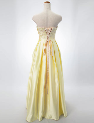TWEED DRESS(ツイードドレス)のレモンイエローロングドレス・サテン｜TB1786-LYWのトルソー全身背面画像です。
