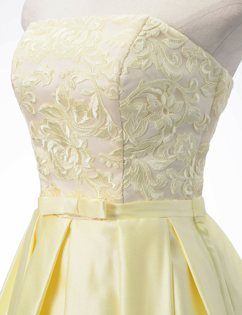 TWEED DRESS(ツイードドレス)のレモンイエローロングドレス・サテン｜TB1786-LYWのトルソー上半身斜め画像です。