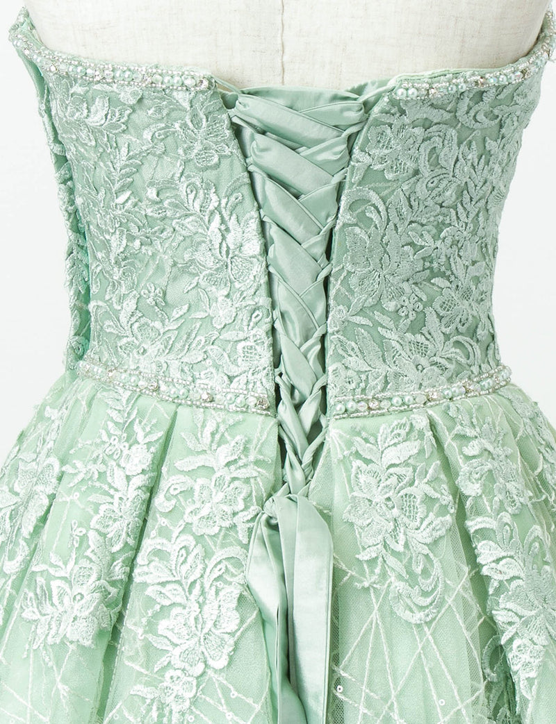 TWEED DRESS(ツイードドレス)のアイシーミントロングドレス・チュール｜TD1802-IMTのトルソー上半身背面画像です。